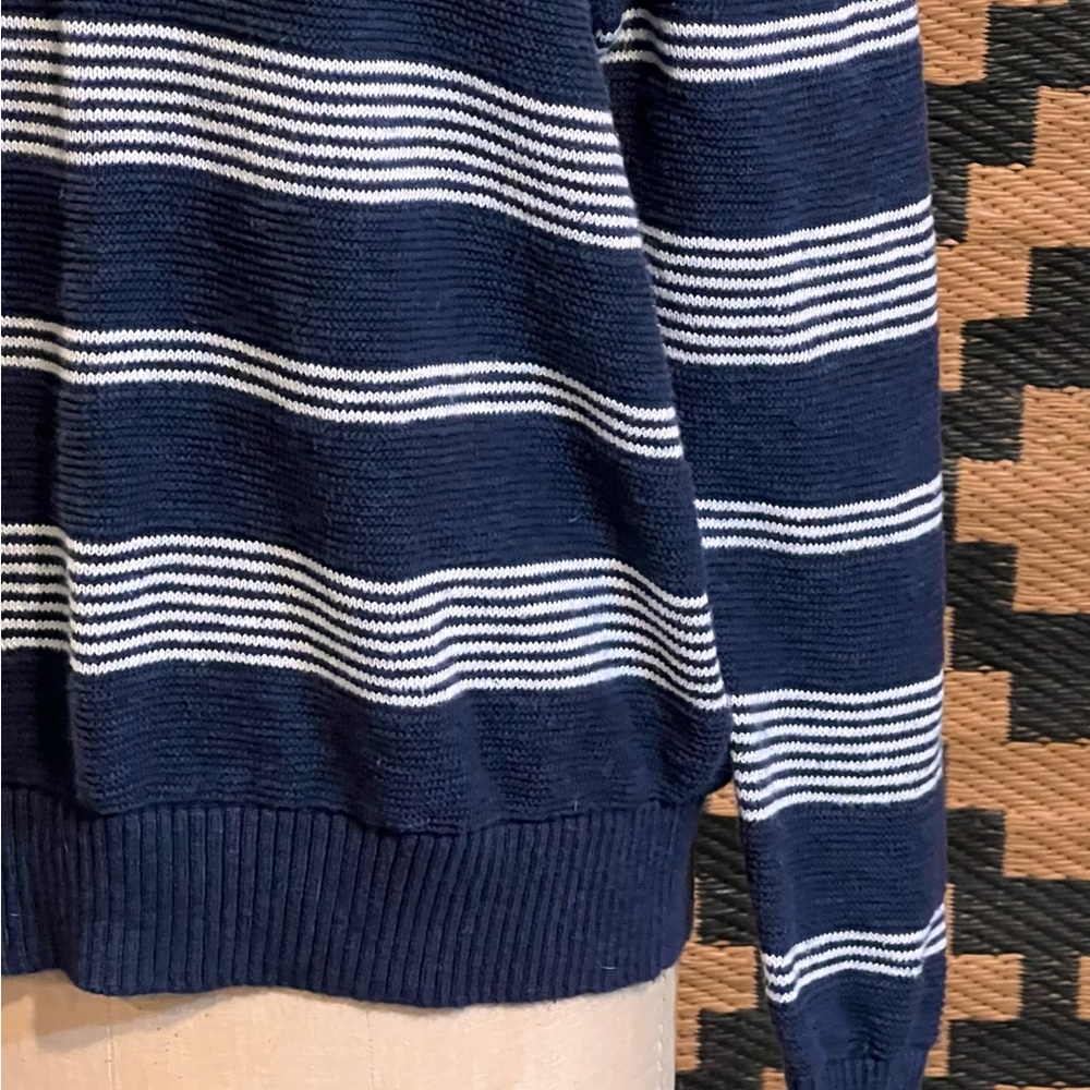 Lands End nautical maritime sweater cotton‎ linen blend navy blue white stripes - Picture 4 of 11